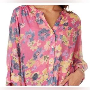 Zac & Rachel 2X Roll Cuff Button Up Shirt Pink Floral Ruffles Women